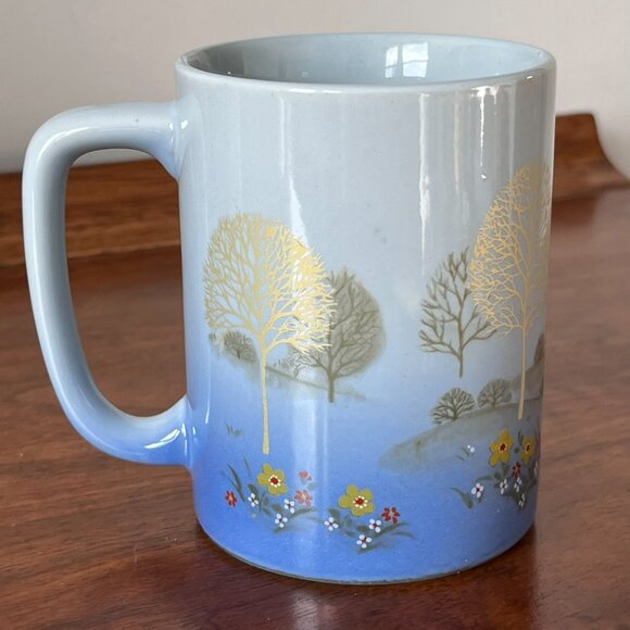 Otagiri Mug Metallic Gold Trees & Flowers in Field Hills Blue Vintage Cup Japan - Picture 2 of 9